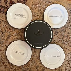 POTTERY BARN Cocktail Plate Set-of-4 White Porcelain Black "Cocktail Quotations"